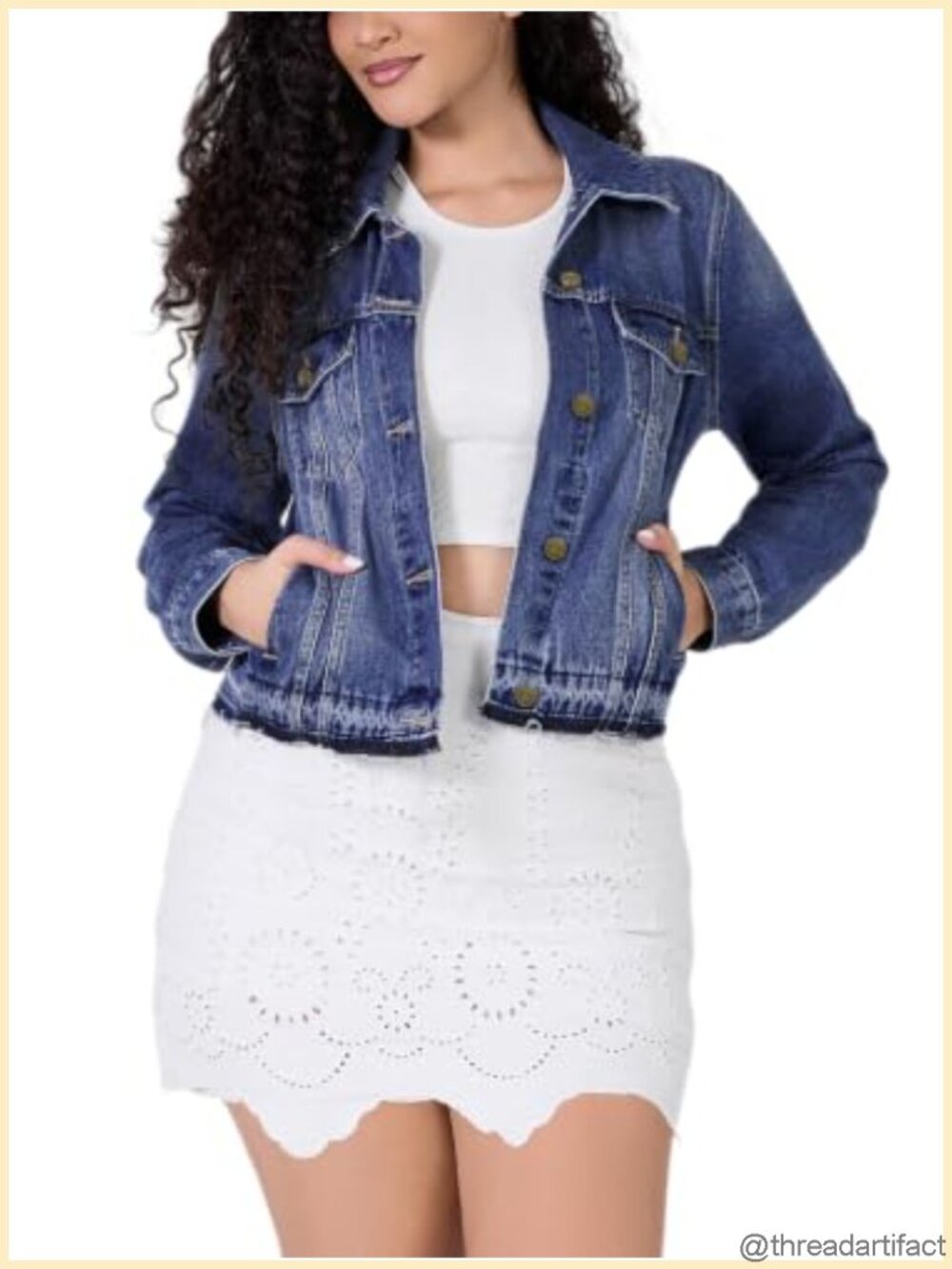 Cropped Denim Jacket Button Up Frayed Hem Cotton Jean Jacket